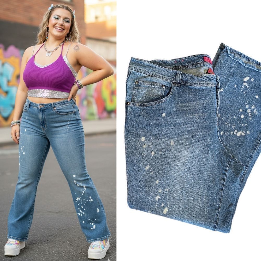 Y2K VTG Pure Energy Bleach Splatter High Waist Flare‎ Jeans Plus 24 Distressed
